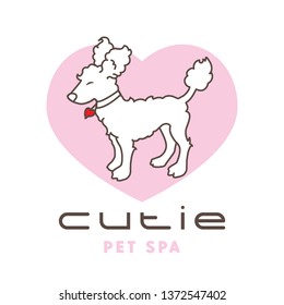 Cutie Dog Spa Logo Template. A Cute Dog Drying At The Groomer. Bichon Frisé, Poodle In A Heart. 