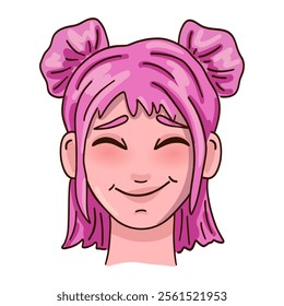 Cutie female person face with pink hair. Vector illustration.