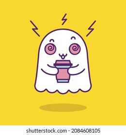 Cutie friendly ghost eating a coffee cup isolated on yellow background