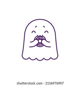 Cutie friendly ghost eating a pink donut isolated on white background