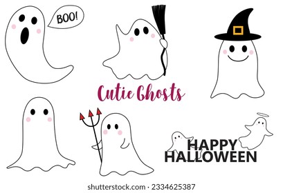 Cutie ghosts collection design for halloween festival. Six pretty ghosts character in set with happy halloween text decoration.