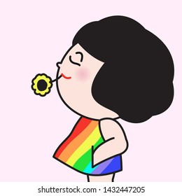 Cutie Girl Holding Flower In Mouth With Rainbow Outfit. Spring Season Mood Concept Card Character illustration