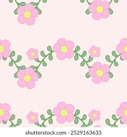 Cutie Ivy Floral and Leaves Hand Draw Seamless Pattern Vector. Pink Yellow Green on Pastel Tone. Wallpaper, Backdrop, Branding, Beauty, Natural, Fresh, Morning, Knitting, Textile, Clothes, Glam, Tiny.