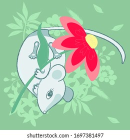 Ratón cortado colgando de una flor roja sobre un fondo verde. Tarjeta de felicitación. Ratones de caricatura. Equipo de ratones. 