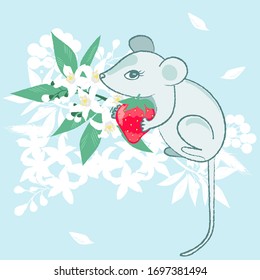 Cutie mouse with strawberries on a green background. Greeting card. Cartoon mice. Cute mice set. 