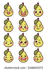 Cutie pear. Kawaii character with different emotions. Vector illustration isolated on white background.