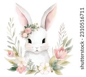 Cutie rabbit with flower crown surrounded by flowers watercolor paint