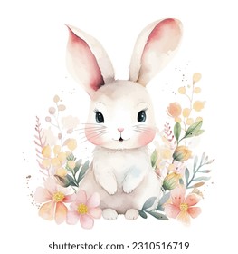 Cutie rabbit surrounded by flowers watercolor paint
