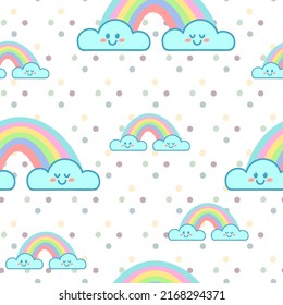 Cutie rainbow with clouds. Kawaii characters. Seamless bright vector pattern.