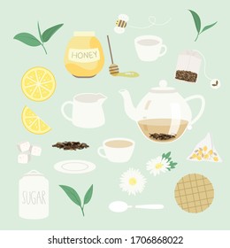 Cutie tea time elements collection. Tea set vector icons with teapot waffle and sweet element design in green background