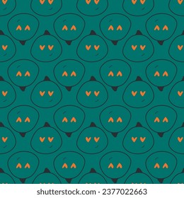 Cutiest pumpkin contour with eyes hearts on green background. Pattern for fabric, texture, wrapping, paper, invitation, postcards, print