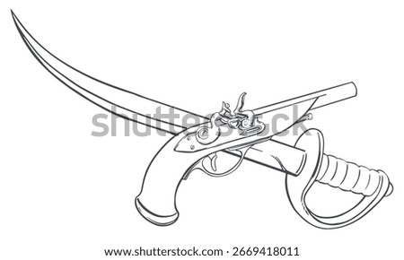 Cutlass and flintlock pistol. Pirate weapons. Vector sketch of Corsair's broadsword and firearms. Linear drawing on white background.
