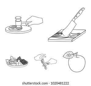 Cutlass on a cutting board, hammer for chops, cooking bacon, eating fish and vegetables. Eating and cooking set collection icons in outline style vector symbol stock illustration web.