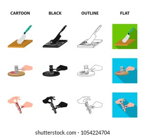Cutlass on a cutting board, hammer for chops, cooking bacon, eating fish and vegetables. Eating and cooking set collection icons in cartoon,black,outline,flat style vector symbol stock illustration