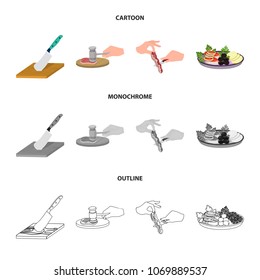 Cutlass on a cutting board, hammer for chops, cooking bacon, eating fish and vegetables. Eating and cooking set collection icons in cartoon,outline,monochrome style vector symbol stock illustration