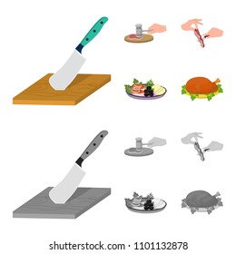 Cutlass on a cutting board, hammer for chops, cooking bacon, eating fish and vegetables. Eating and cooking set collection icons in cartoon,monochrome style vector symbol stock illustration web.