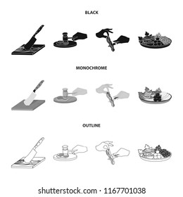 Cutlass on a cutting board, hammer for chops, cooking bacon, eating fish and vegetables. Eating and cooking set collection icons in black,monochrome,outline style vector symbol stock illustration web.