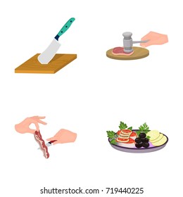 Cutlass on a cutting board, hammer for chops, cooking bacon, eating fish and vegetables. Eating and cooking set collection icons in cartoon style vector symbol stock illustration web.