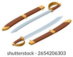 Cutlass Swords. An Isometric set of two sharp cutlass swords with sheaths, classic pirate weapons ready for action or display, ideal for historical or adventure themes. Buccaneer, Corsair, Filibuster