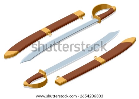 Cutlass Swords. An Isometric set of two sharp cutlass swords with sheaths, classic pirate weapons ready for action or display, ideal for historical or adventure themes. Buccaneer, Corsair, Filibuster