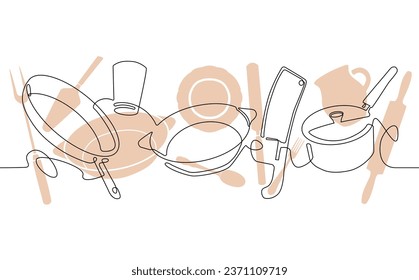 Cutlery Background. One Line Drawing of Isolated Kitchen Utensils. Cooking Design Poster. Vector illustration.