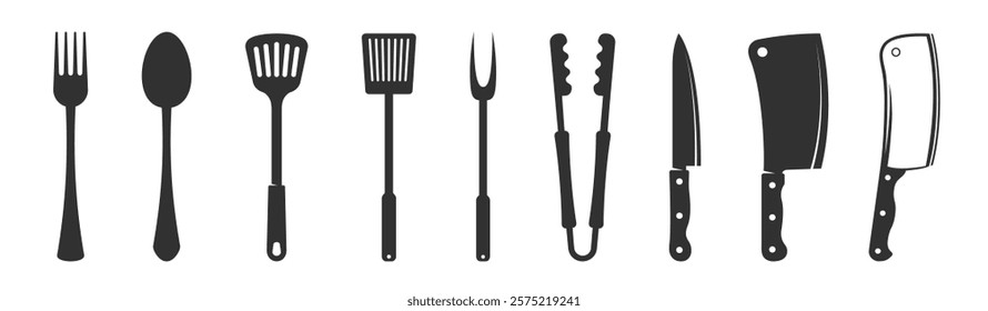 Cutlery and BBQ tool set grill accessories. Fork, Tongs, Knife icons on transparent background. 