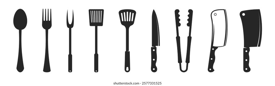 Cutlery and BBQ tool set grill accessories. Fork, Tongs, Knife icons on transparent background. 