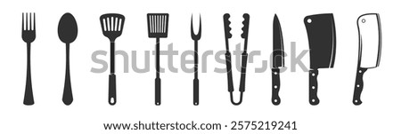 Cutlery and BBQ tool set grill accessories. Fork, Tongs, Knife icons on transparent background. 