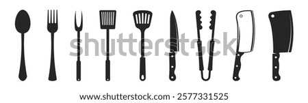 Cutlery and BBQ tool set grill accessories. Fork, Tongs, Knife icons on transparent background. 