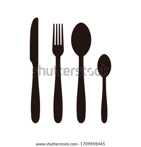 Cutlery black icon. Spoon, fork, knife silhouette set. Flat vector illustration.