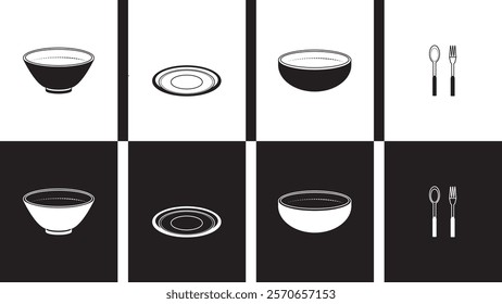 Cutlery black and white vector design. Eating tools icon equipment set.