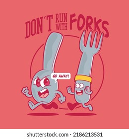 Cutlery characters running from each other vector illustration. Food, mascot, funny design concept.