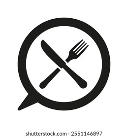 Cubiertos En La Burbuja De Chat, Discusiones De Comidas Y Alimentación Saludable. Conversaciones De Comida Y Planificación De Comidas. Diseño De Restaurante Y Wellness. Ilustración vectorial aislada.