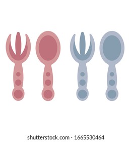 Cutlery for a child icon. Baby plastic fork and spoon for boy and girl. Isolated on a white background. Vector illustration