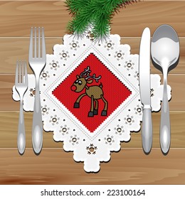 Cutlery and Christmas Napkin with Lace on the Wooden Table. Vector Illustration