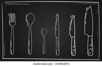 Cutlery-Kollektion. Gabel, Tischlöffel, Teelöffel, verschiedene Messer. Geschirr. Handgezeichnete Vektorgrafik. Küchenutensilien, Line Art auf einer Tafel. Chalkboard-Stil. 