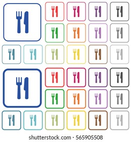 Cutlery color flat icons in rounded square frames. Thin and thick versions included.