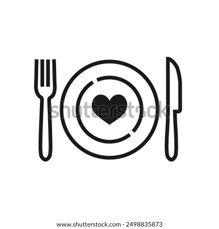 Cutlery - conceptual icon - Fork, knife, and heart on a plate. Love eating, healthy diet symbol. Vector illustration