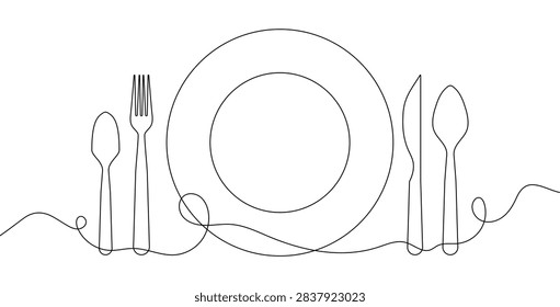 Cutlery continuous line art vector. Single line drawing of a dinner plate set with fork knife and spoons. Continuous line art of modern tabletop place setting on transparent background.