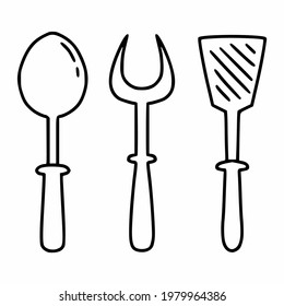 Cutlery for cooking in  kitchen. Spoon, fork, and spatula. Vector icon in  doodle style.