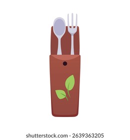 Cutlery in cover flat icon. Reusable kitchenware, steel utensil. Vector cartoon illustration isolated on white background. ECO sustainable lifestyle. No plastic. Reduce, reuse, recycle concept