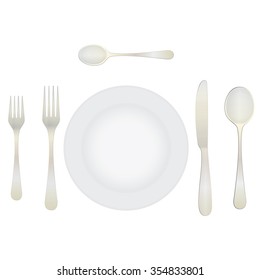 Cutlery and crockery on the table. Table setting. Etiquette. Top view. Elements for design: plate, fork, spoon, knife.