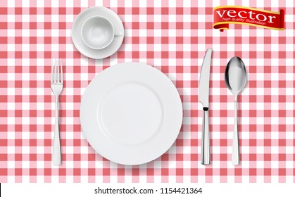 Cutlery, cup, spoon, fork, knife, plate top view realistic vector illustration. Table setting realistic top view with modern cutlery set serving for one person 3d vector illustration