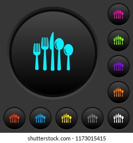 Cutlery dark push buttons with vivid color icons on dark grey background