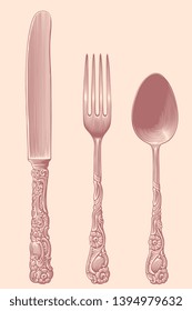 Cutlery. Design set. Hand drawn engraving. Editable vector vintage illustration. Isolated on light background. 8 EPS 