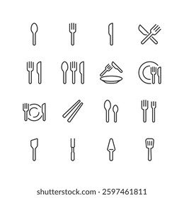 Cutlery and Dining, linear style icons set. Spoons, forks, knives, chopsticks, plates, and dining arrangements. For restaurant menus, food app, kitchen. Editable stroke width