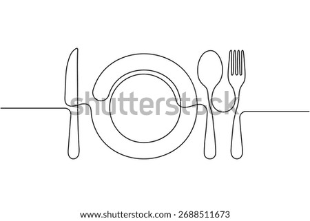 Cutlery and dish one line drawing of minimal outline isolated vector design
