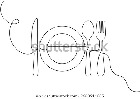 Cutlery and dish one line drawing of minimal outline isolated vector design
