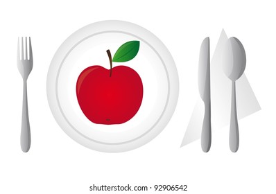 cutlery with dish and red apple isolated. vector illustration