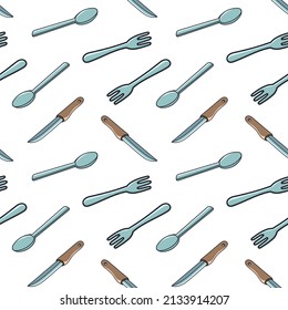 Cutlery Doodle Seamless Pattern Colored Vector. Fork, spoon, knife. Texture for background, menu print, packaging, merchandise, showcase, book.